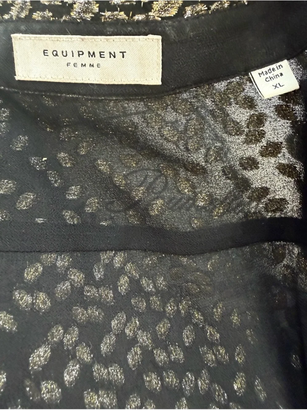 Equipment Femme Black & Gold Metallic Silk Button Down Blouse | Size XL